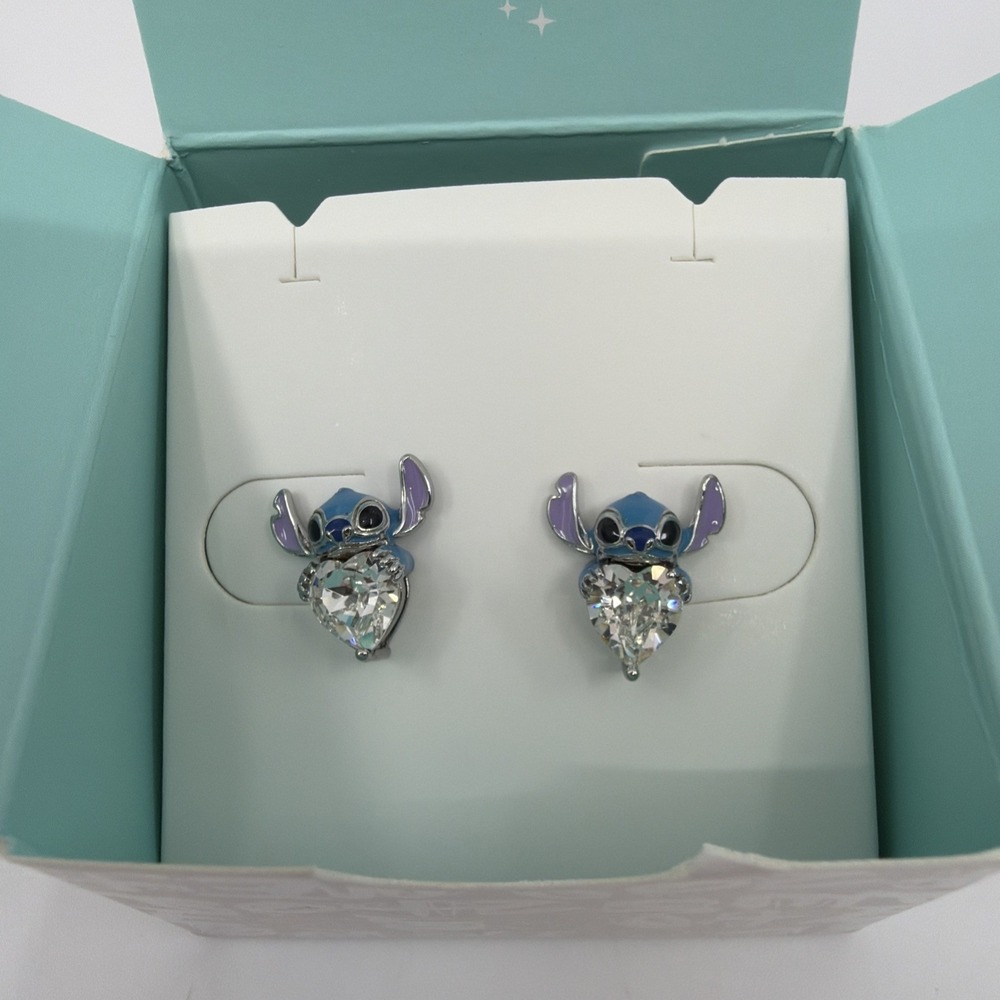 Origami Owl Disney Stitch Silver Heart Stud Earrings New In Box Silver Tone
